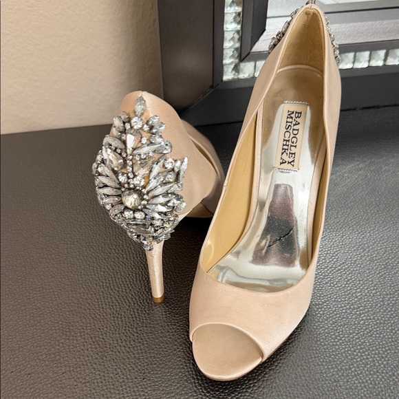 Badgley Mischka Shoes - Badgley Mischka Embellished Peep Toe Heels - Nude